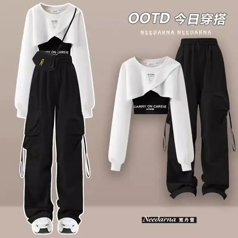 Spring and Autumn Set Women's 2026 Korean Loose Fashion Top Casual Work Pants Age Reducing Three Piece Set