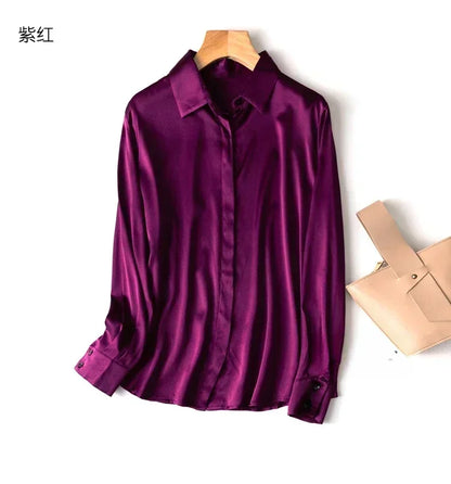 Tajiyane Women's 93% Mulberry Silk 7% Spandex 19 momme satin Silk Buttons long sleeve shirt Top Blouse office work chemise femme