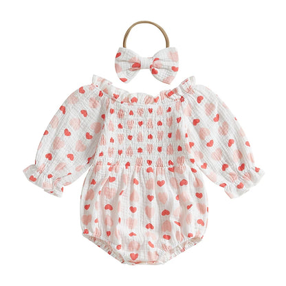 Tregren Infant Baby Girls Valentine's Day Romper Heart Print Long Sleeve Boat Neck Jumpsuits Spring Fall Bodysuits with Headband