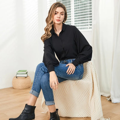 Lantern Sleeves Vintage Shirts Women Elegant White Women's Blouse with Lush Sleeves 2026 Fashion Button Up Shirt Black dropship