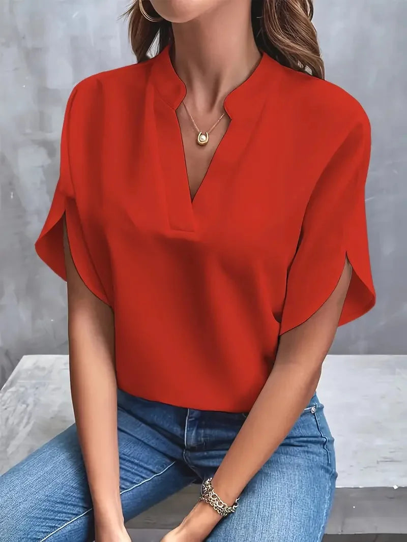 Summer Elegant Women's Blouse New V-neck Short Sleeve Solid Color Loose Shirt Casual White Tops Office Lady Blouse