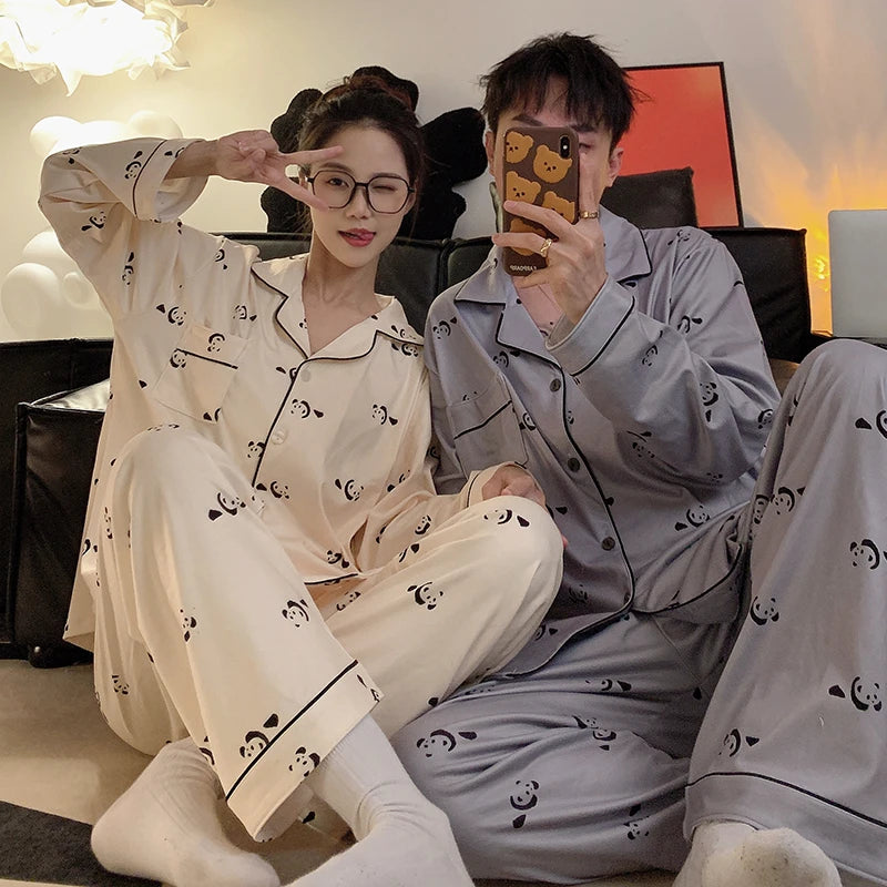 Pajama Women Pajama Man Set Cotton Plus Size Spring Autumn Long-sleeved Korean Cardigan Casual V-neck Nightwear Couple Pyjama