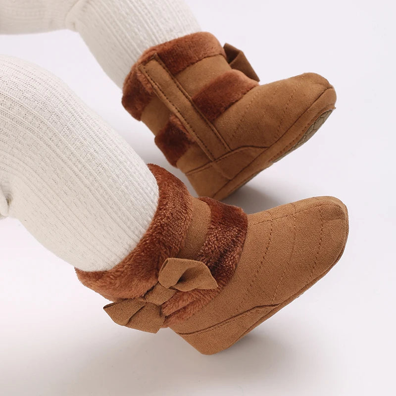 Cute Bowknot Comfortable Boots For Baby Girls Soft Warm Plus Fleece Boots For Indoor Walking Autumn And Winter