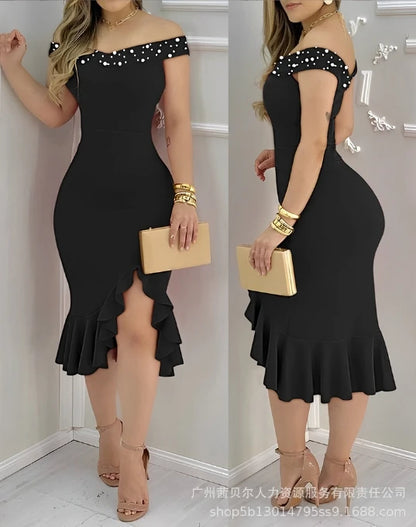 Women's Dresses 2025  Summer Fashion Beaded Off Shoulder Ruffles Slit Hem Elegant Plain Short Sleeve Skinny Midi Party Dress