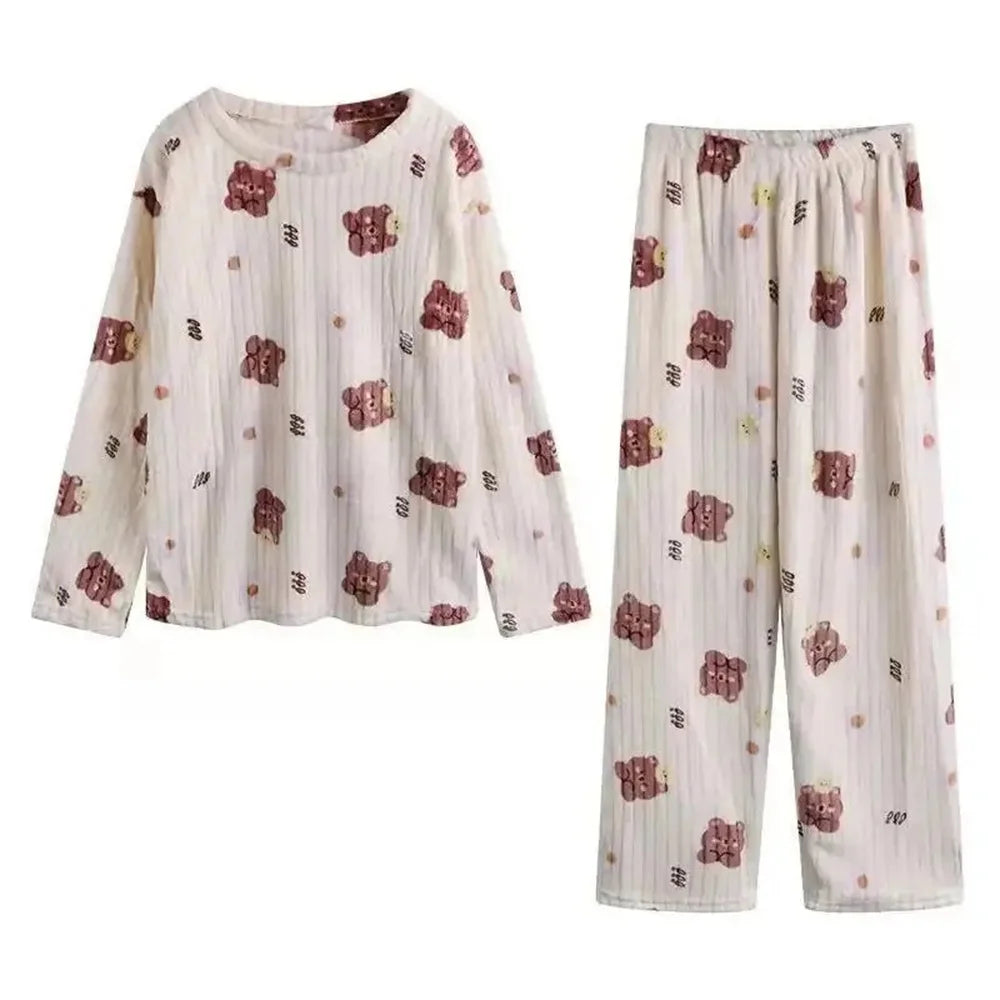 Flannel Long sleeve cartoon sleepwear suit Cozy Thick Warm Cartoon Sleepwear Suit Stylish Women's pajamas set for Autumn Winter