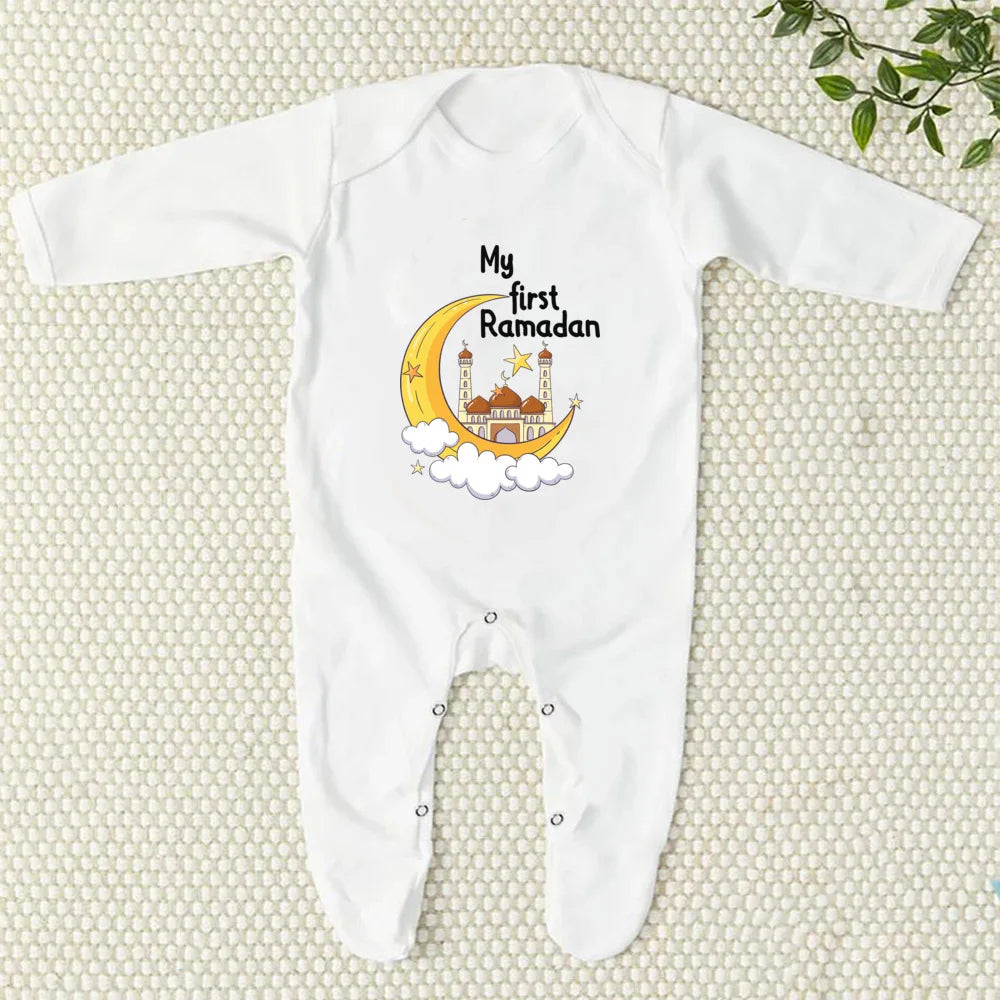 My First Eid/Ramadan Print Baby Sleepsuit Newborn Bodysuit Infant Long Sleeve Romper Ramadan Islamic Muslim Baby Keepsake Outfit