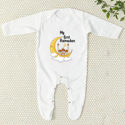 My First Eid/Ramadan Print Baby Sleepsuit Newborn Bodysuit Infant Long Sleeve Romper Ramadan Islamic Muslim Baby Keepsake Outfit