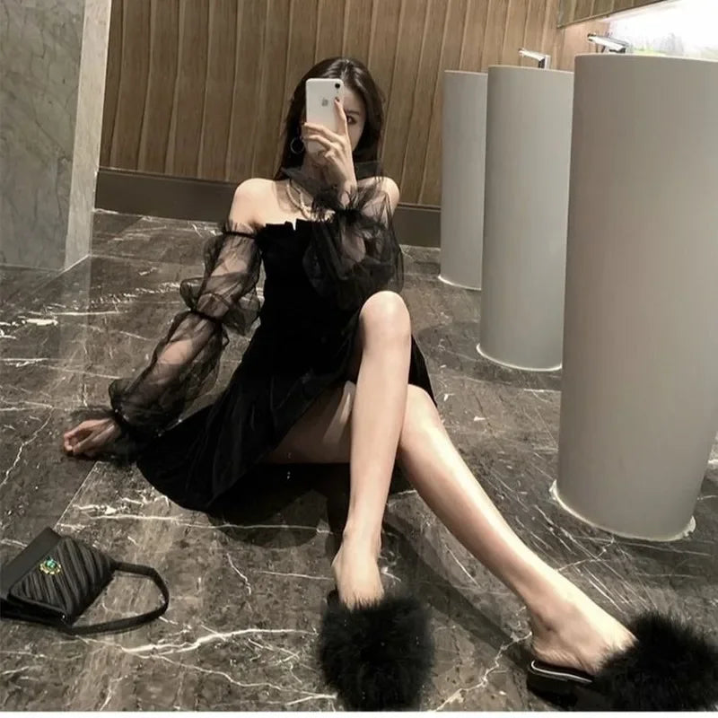 New 2026 Black Retro Dress Women Lace Chiffon Mini Dress Female High Street Sexy Korean Fashion Dress Women Club Dress