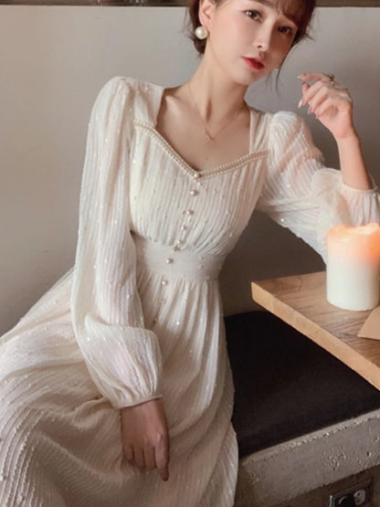 2026 Summer New Women Fashion Elegant White Midi Dresses Vintage Princess Female Party A Line Clothes Prom Robe Vestdios