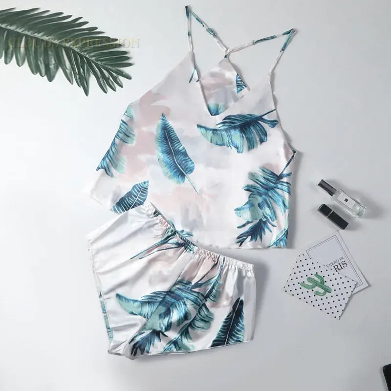 Summer Cool Ladies Faux Silk Polyester PJ Sexy Sling Pajama Sets Home wear Women's Pajamas Female Sleepwear Home wear Gift for GF