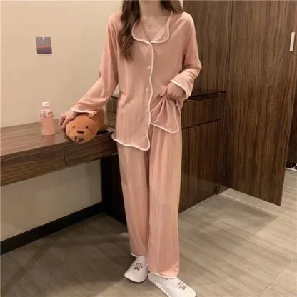 Women Long Sleeve Trousers Cotton Pajamas Dormir Lounge Sleepwear Solid White Pajama Mujer Bedroom Home Clothes Female Pajamas