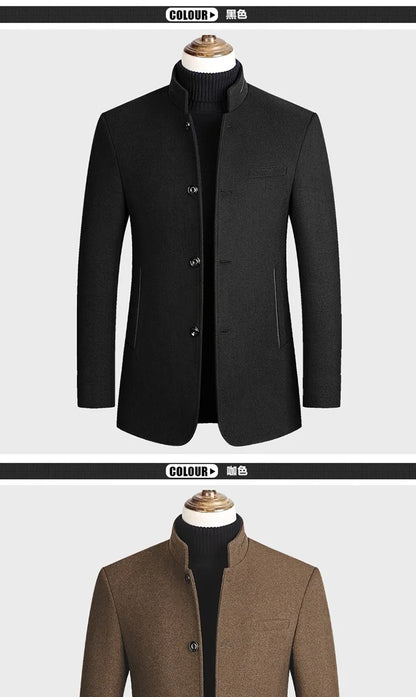 Men's Woolen Coat 2026 Autumn/Winter New Cotton Thickened Single Breasted Standing Collar Wool Blend Male Jacket