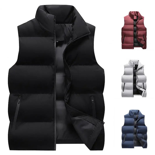 Men Waistcoat Thick Padded Cotton Vest Windproof Sleeveless Winter Outerwear Neck Zipper Cardigan Men Winter Coat