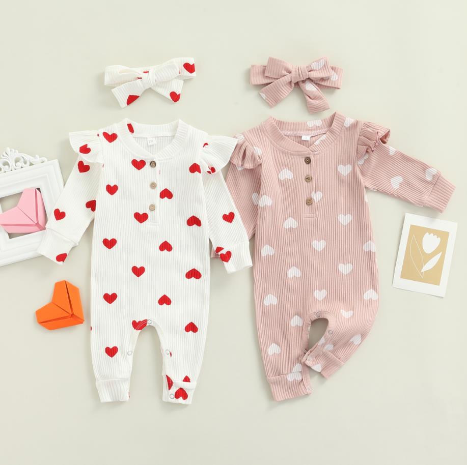 Newborn Baby Girls Valentine's Day Romper Ruffle Ribbed Bodysuit Heart Jumpsuit with Headband Valentine Outfits 0-18M