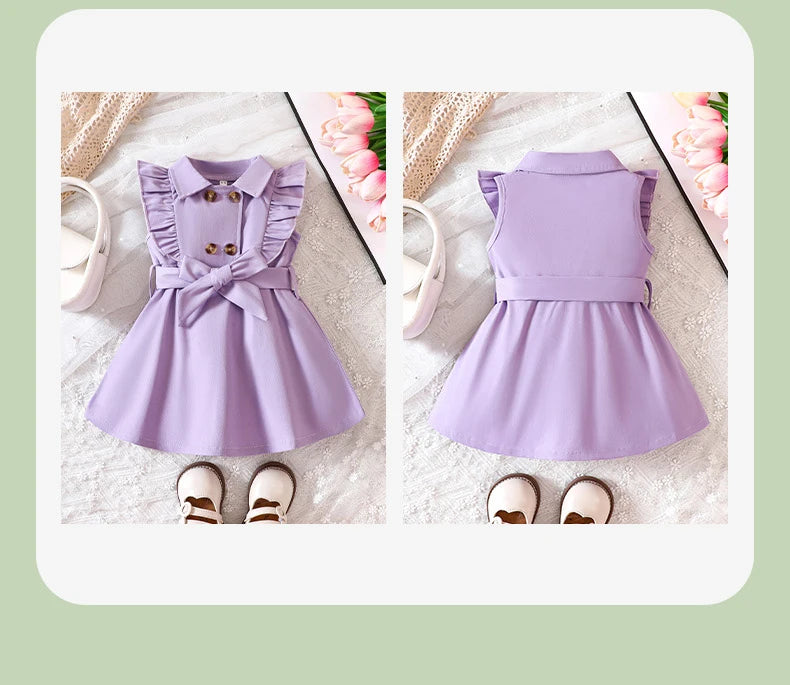 Wholesale Kids Girls Retro Solid Color Trench Belted Dress Double Breasted Elegant Summer Baby Dress