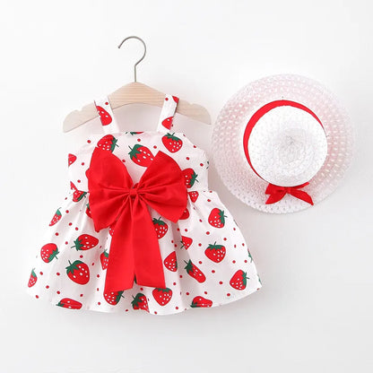 2Piece Sets Summer Toddler Girl Clothes Korean Fashion Flowers Cute Bow Sleeveless Princess Baby Dresses+ Sunhat Kids Dress BC136