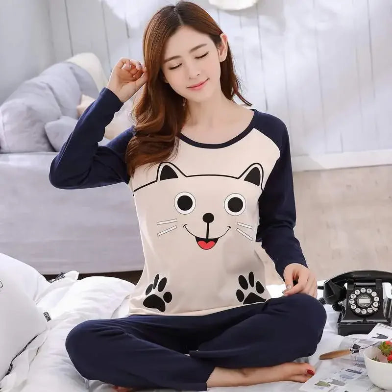 Autumn 2pieces Pyjamas Set Women Thin Sexy Sleepwear Lovely Home Suit 2025 Round Neck Girls Teacup Sleep wear Long Sleeve Pajama