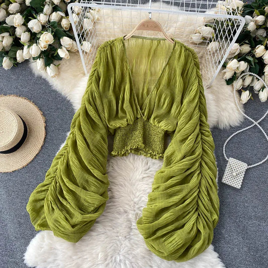 Women Sexy Chiffon Short Blouse Female See Through Super Long Sleeve Purple/Green/Black/White Folds Party Tops 2026 New