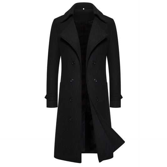 Men's Extra Long Woolen Black Coat Windbreaker Winter Warm Gentleman Coat Jackets Male Elegant Regular Fit Casual Daily Clothing