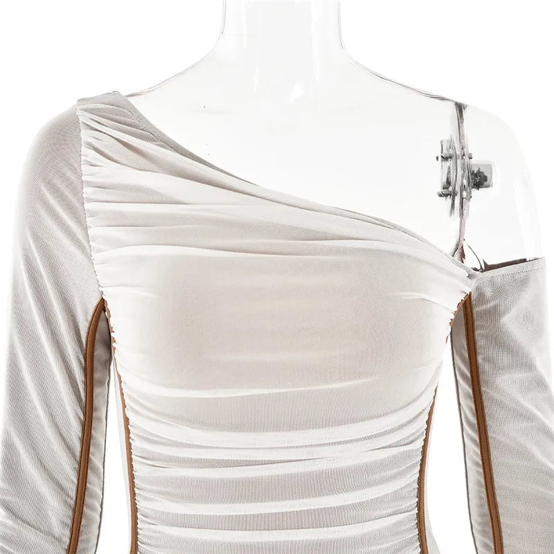 Diagonal Collar Long Sleeve Midi Dress For Women Two Layer Mesh Backless Ruched Bodycon Club Party Sexy Long Dress