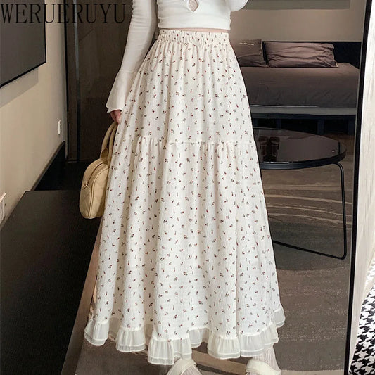 Summer White Floral Long Skirt Women's Y2k Clothes Fashion Elastic High Waist Casual Elegant Spliced Gauze Skirts for Women 2026