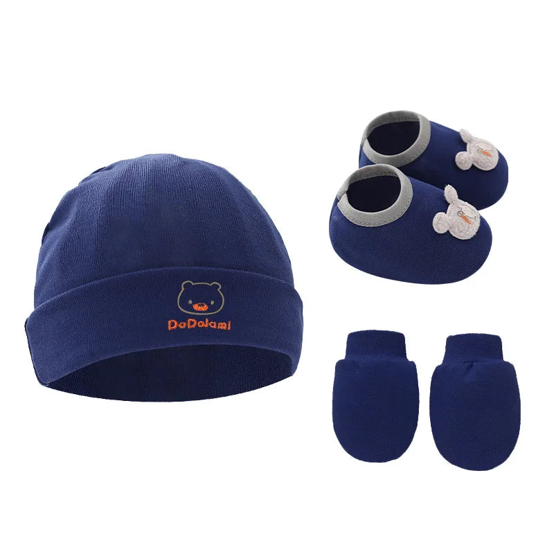 New Newborn Baby Cotton Beanies Hospital Hat Mittens Shoes Sets Solid Stretchy Infant Warm Cap Gloves 0-1 Years Old