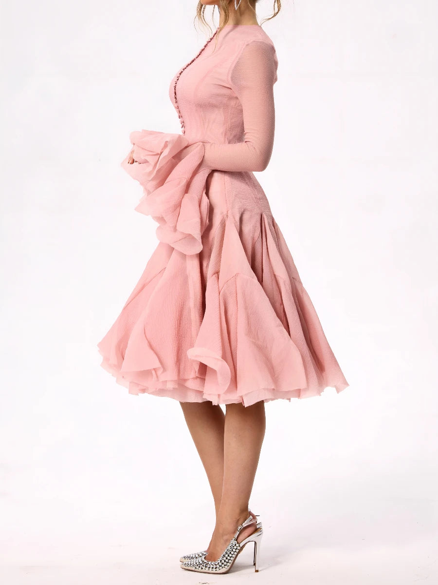 VGH Elegant Spliced Ruffles Midi Dresses for Women O Neck Petal Sleeve High Waist Slim Patchwork Buttons Solid Dress Female New