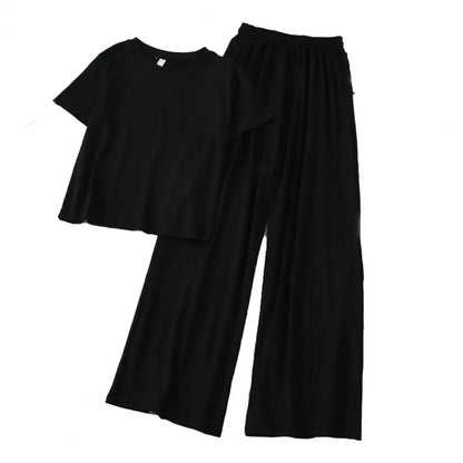 2 Pcs/Set Chic Two Pieces Set Women T-shirt Pants Set Elastic Waist Soft Women T-shirt Trousers Set Keep Cooling