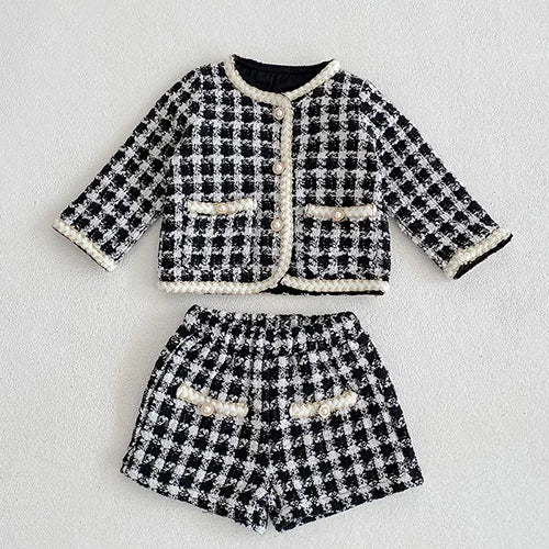 Autumn Winter Korean Style Newborn Baby Girls Clothing Set Long Sleeved Plaid Cardigan Coat+ Shorts 0-3Yrs Children Clothes Suit