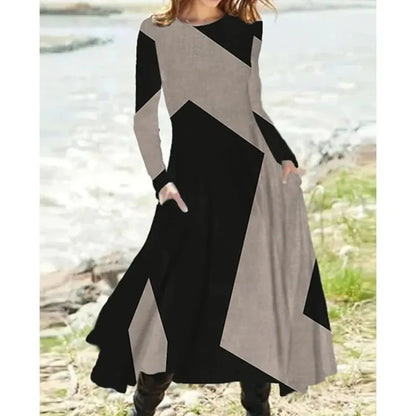New 2025 Women's Casual Elegant Party Dress Contrast Color Ladies Spring Autumn Loose Long Sleeve Dress with Pockets Midi Dress