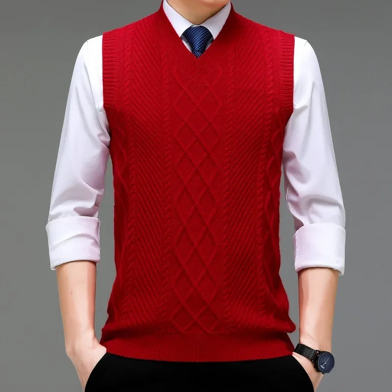 Stylish V-neck Jacquard Knit Sleeveless Sweater Vest for Men Middle-aged Men Fashion Solid Color Warm Top