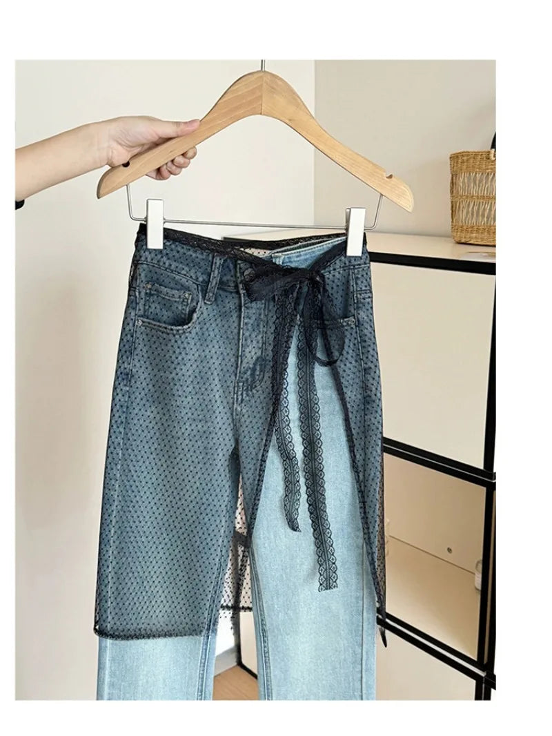 New Fashion Lace Layered Gauze Skirt with Tie Up Spicy Girl Stacked Skirt Y2k Streetwear Apron Wrap Skirt Lace Up Matching Pants