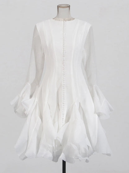 Girl's Dress Irregular Pleated Patchwork Fashion Long Lantern Sleeve Waist Cinching Mini Dress 2025 New