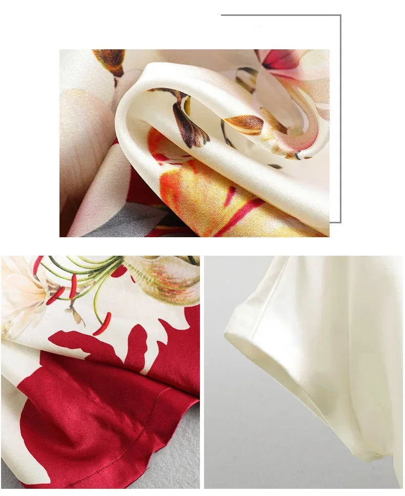 Plus Size Women Silk Satin Blouses Spring Summer Floral Printing Blouse Female Fashion Shirt Tops