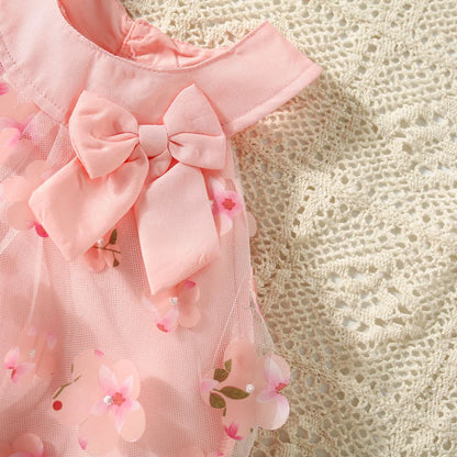 (0-3 Years Old) Summer Mesh All Over Flower Bow Baby Girl Dress Cute Sleeveless Girl Princess Dress