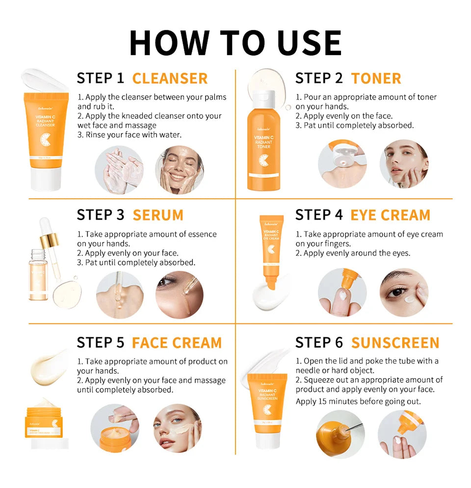 6pcs/set Vitamin C Skin Care Set Deep Cleansing Facial Cleanser Face Cream Moisturizing Anti Wrinkles Face Care Kit Gift Box