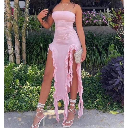 Women Strapless Sexy Floral Fold Hemline High Slit Mini Dress 2026 Solid Backless Sleeveless Black And Pink Party Dress Vestidos