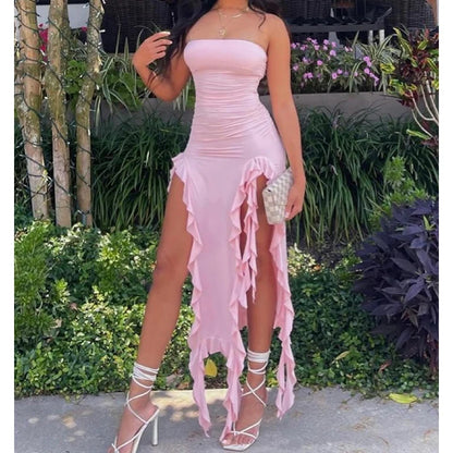 Women Strapless Sexy Floral Fold Hemline High Slit Mini Dress 2026 Solid Backless Sleeveless Black And Pink Party Dress Vestidos