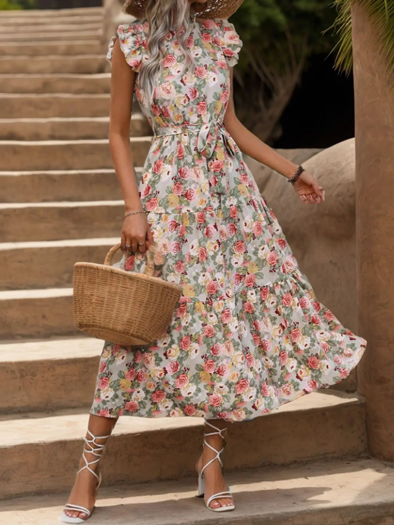 Elegant Floral Prints Dresses For Summer Women Dress 2026 New O-neck Short Flying Sleeves Lace Up High Waisted Midi Dress Woman