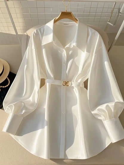 Autumn New Fashion Blouses Women Clothing French Luxury Mature Style Shirt Long Sleeve Waist Slim Belt White Shirt Women Tops