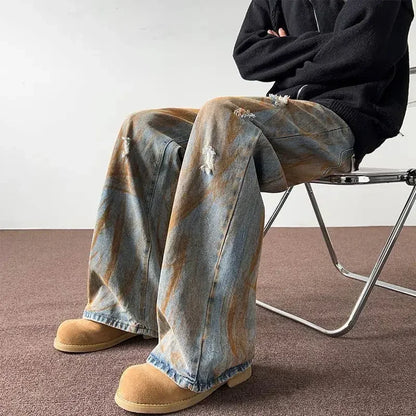 Men's trousers summer thin tie-dyed ripped jeans men's loose straight washed distressed high street American men's trousers