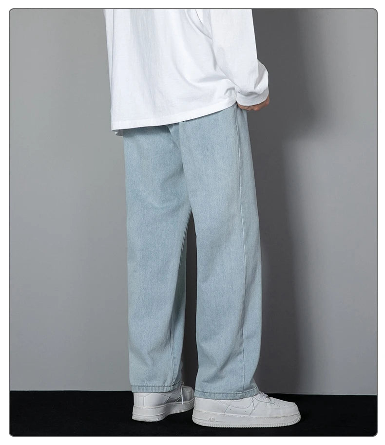 2026 New Korean Men's Casual Long Jeans Classic Man Straight Denim Wide-leg Pants Solid Color Light Blue Grey Black 3XL