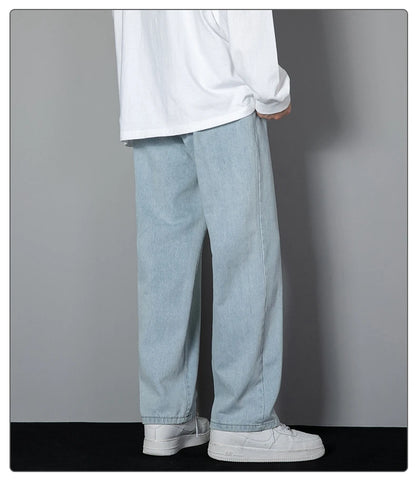 2026 New Korean Men's Casual Long Jeans Classic Man Straight Denim Wide-leg Pants Solid Color Light Blue Grey Black 3XL