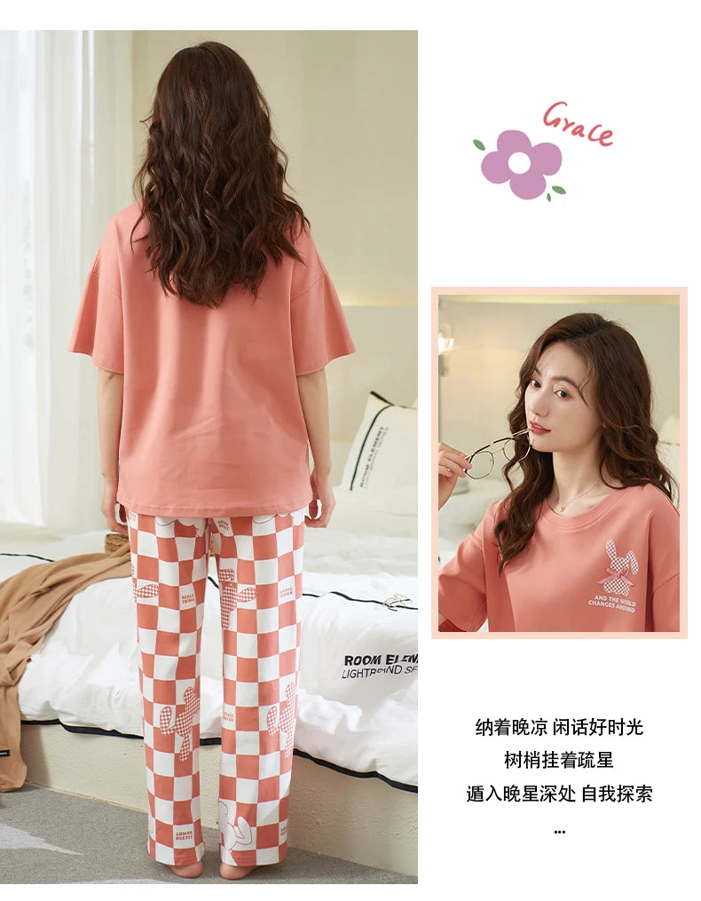 Cotton Womens Pajamas Sets Long Pants Leisure Woman's Sleepwear Ladies Elegant Lattice Printing Pajama Girls Homeware Suit