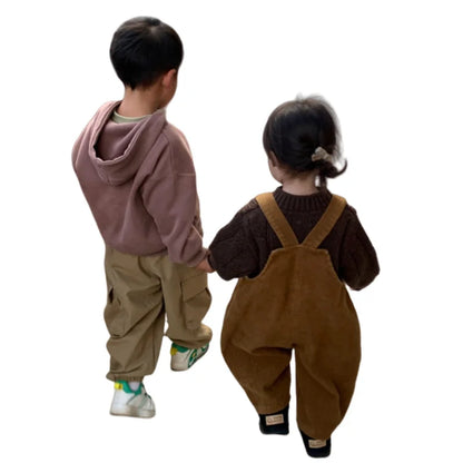 2025 New Korean Toddler Baby Boys Corduroy Overalls Casual Look Front Pocket One Piece Baby Pants Girls Trousers