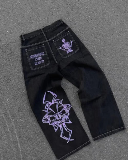 Y2K Jeans Men's Hip Hop Retro Skull Embroidery Washed Baggy Denim Pants New Straight Casual Loose Wide Leg Trouser Streetwear
