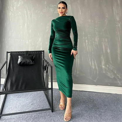 BWQ 2026 Spring Summer Velvet Long Sleeve Midi Dress For Women Ruched Long Dress Elegant Party Clothes Evening Green Outfits