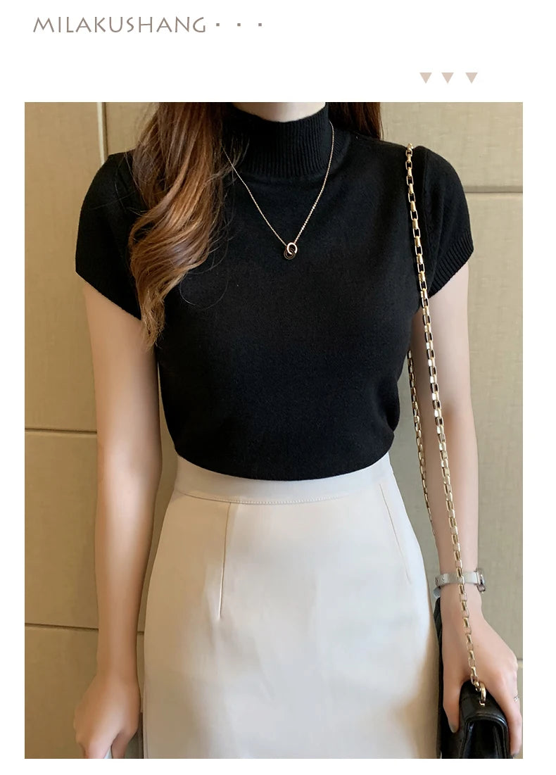 Solid Color Casual Women Clothing Korean Knitted Women Top Bulse Mujer De Moda Spring Summer Slim Turtleneck Blouse