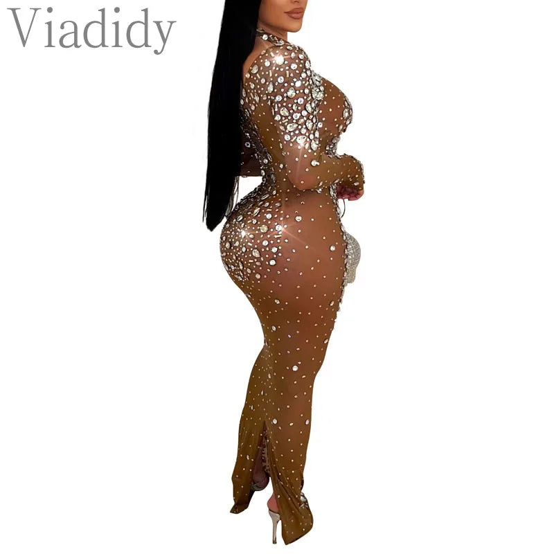 Women Sexy See Through Sheer Mesh Rhinestone Décor Long Sleeve Maxi Party Dress