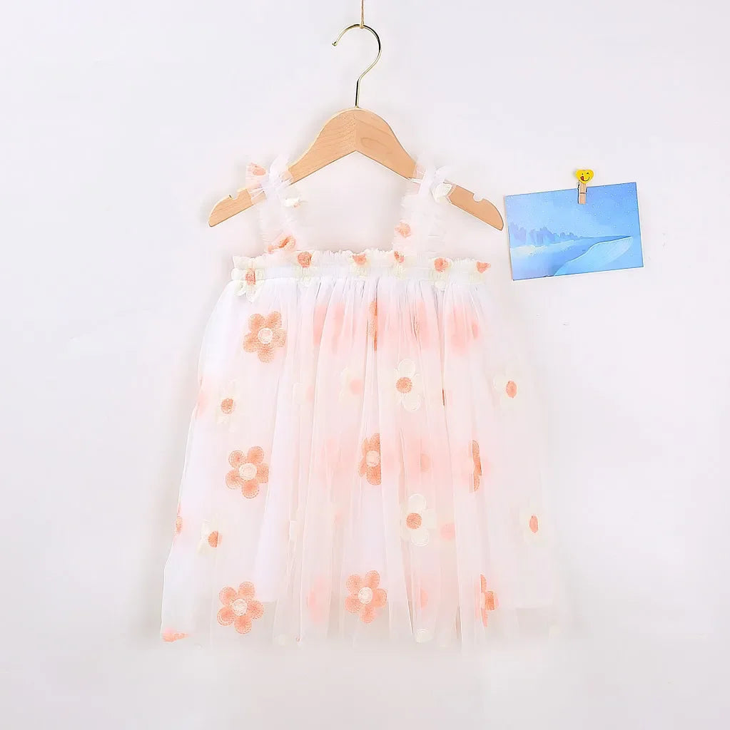 2025 New Baby Girl Clothes Multi Coloured Embroidered Floral Mesh Camisole Cute Baby Girl Dress Party Princess Fluffy Dresses